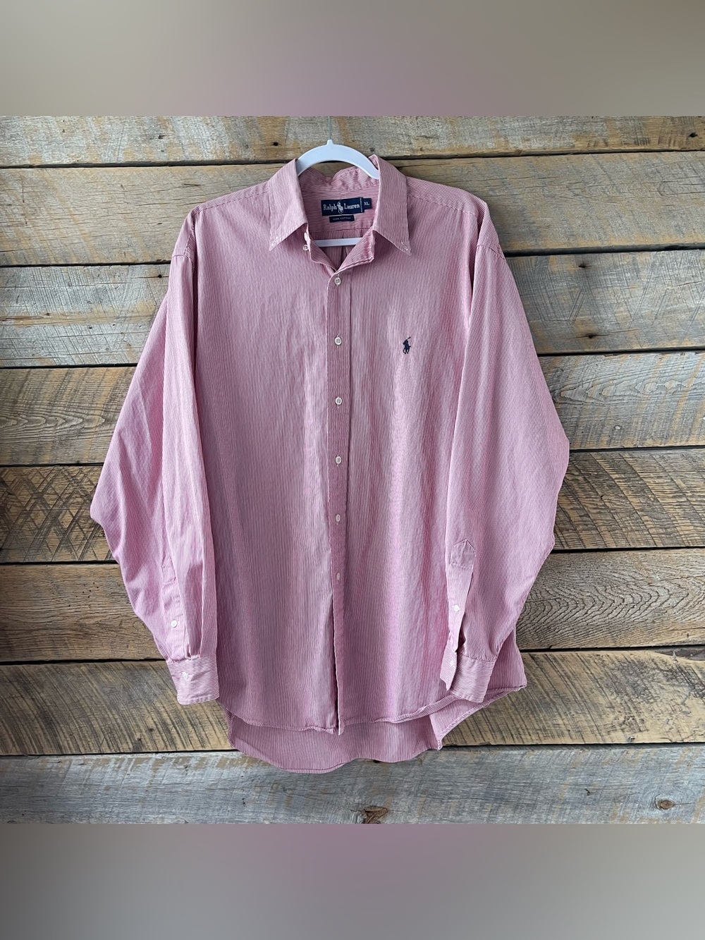 Ralph Lauren Mens Classic Red Pinstripe Button Down L/S Dress Shirt XL Preppy